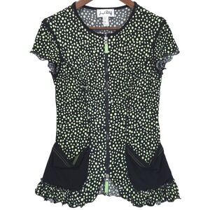Joseph Ribkoff Polka Dot Sequin Zip Front Peplum Top‎ Womens 6 Green Whimsigoth